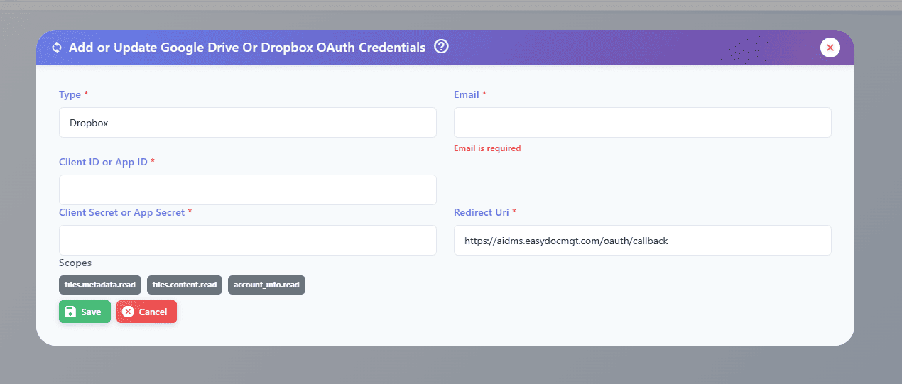 Dropbox configuration Dropbox configuration