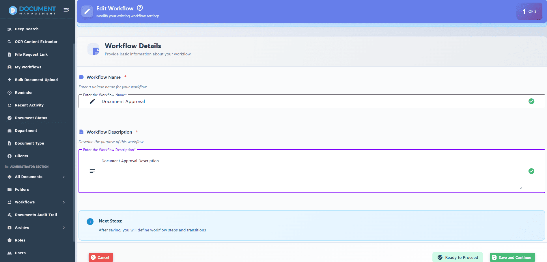 Create a workflow by defining its name and description. Create a workflow by defining its name and description